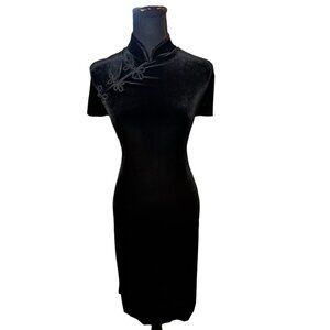 Vintage 90s Black Velvet Cheongsam Dress Goth Mandarin Collar 12
